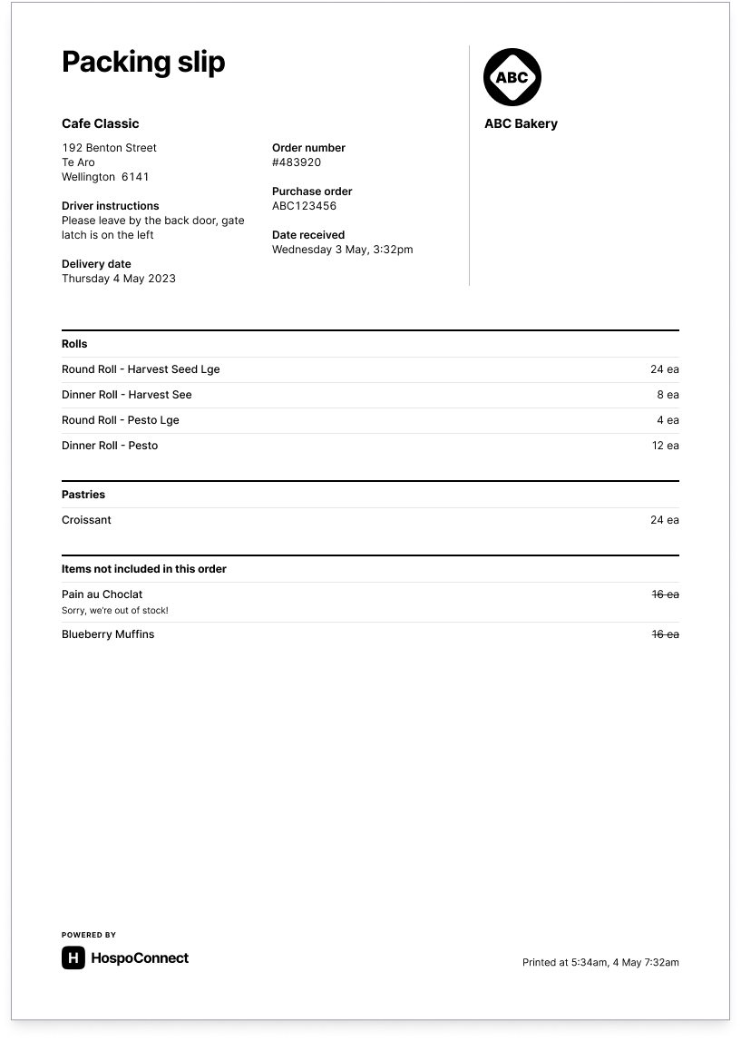 Packing slip HospoConnect
